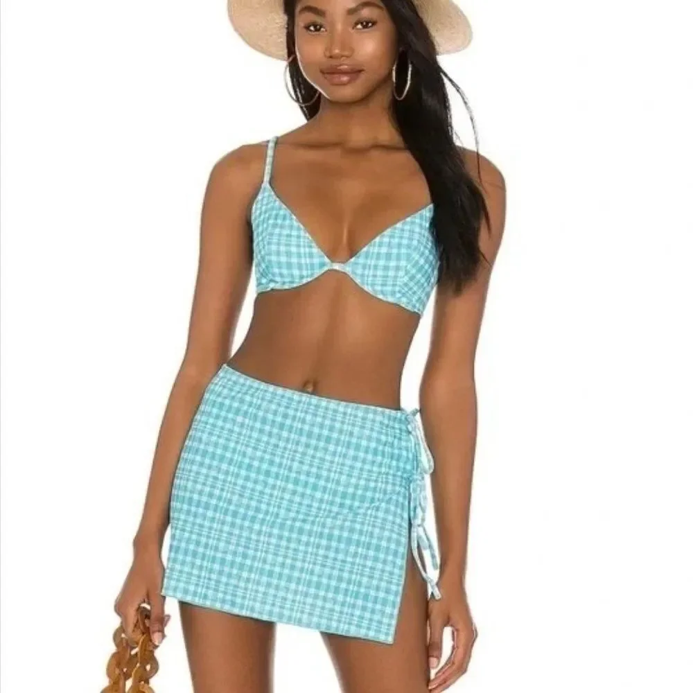 Revolve x VDM Paris Blue White Gingham Check Tie Swim Cover Up‎ Skirt Large